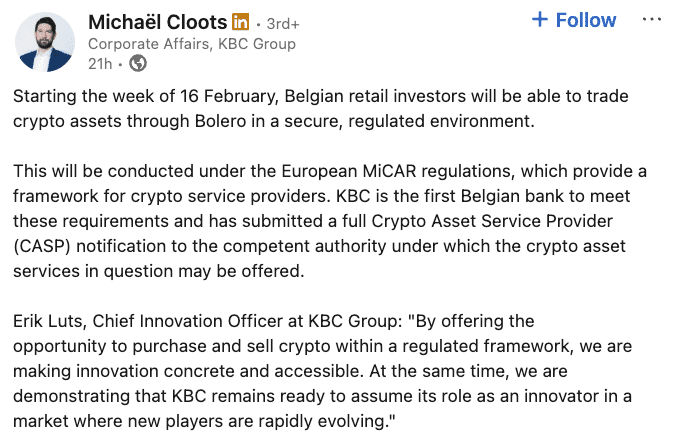 KBC Bank Launches Regulated Cryptocurrency Trading in Belgium