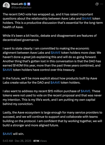 Aave Founder Responds to Governance Vote with New Strategy